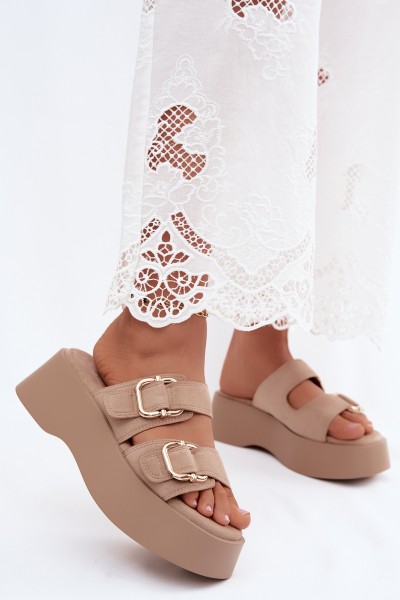 Women's Platform Sandals With Gold Buckles Faux Suede Beige Hazelia