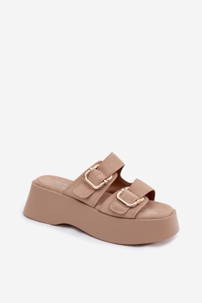 Women's Platform Sandals With Gold Buckles Faux Suede Beige Hazelia 2