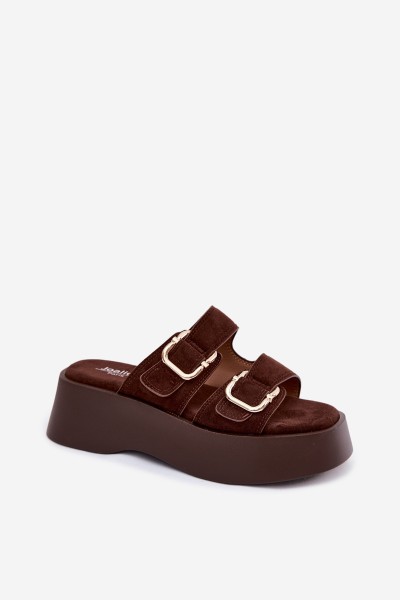 Women's Platform Sandals With Gold Buckles Faux Suede Chocolate Hazelia 2