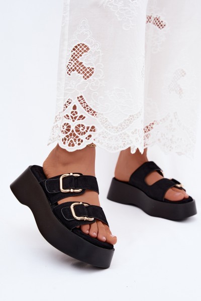 Women's Platform Sandals With Gold Buckles Faux Suede Black Hazelia