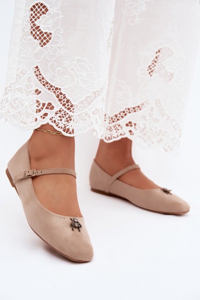 Beige Pinea Ballerinas with Strap and Buckle Faux Suede