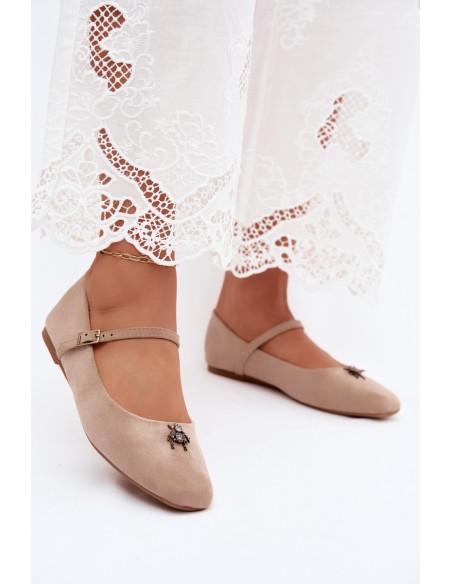 Beige Pinea Ballerinas with Strap and Buckle Faux Suede