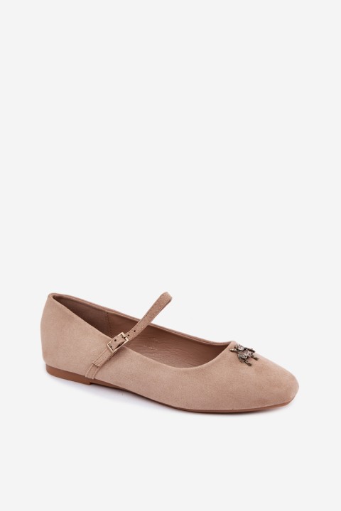 Beige Pinea Ballerinas with Strap and Buckle Faux Suede