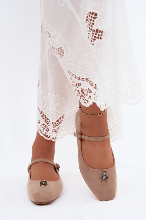 Beige Pinea Ballerinas with Strap and Buckle Faux Suede