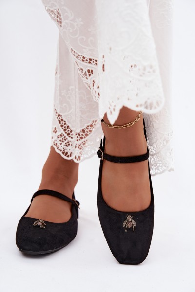 Women's Ballet Flats With Strap and Buckle Faux Suede Black Pinea