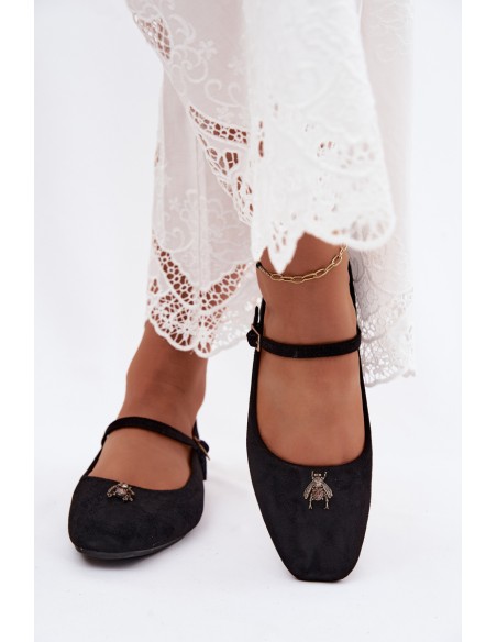 Women's Ballet Flats With Strap and Buckle Faux Suede Black Pinea
