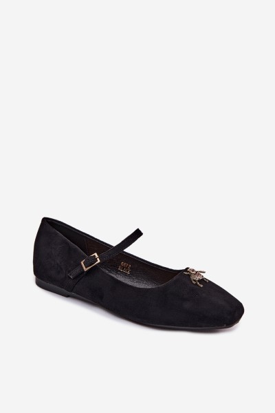 Women's Ballet Flats With Strap and Buckle Faux Suede Black Pinea 2