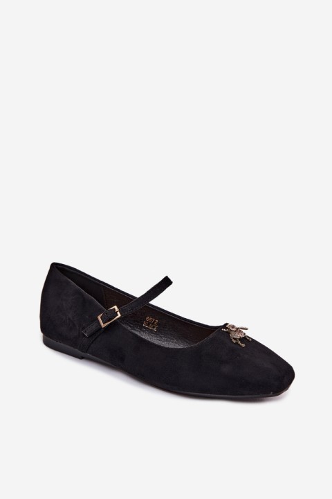 Women's Ballet Flats With Strap and Buckle Faux Suede Black Pinea