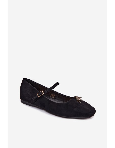 Women's Ballet Flats With Strap and Buckle Faux Suede Black Pinea