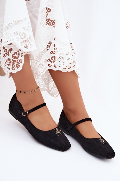 Women's Ballet Flats With Strap and Buckle Faux Suede Black Pinea