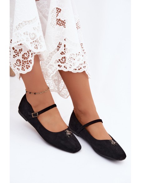 Women's Ballet Flats With Strap and Buckle Faux Suede Black Pinea