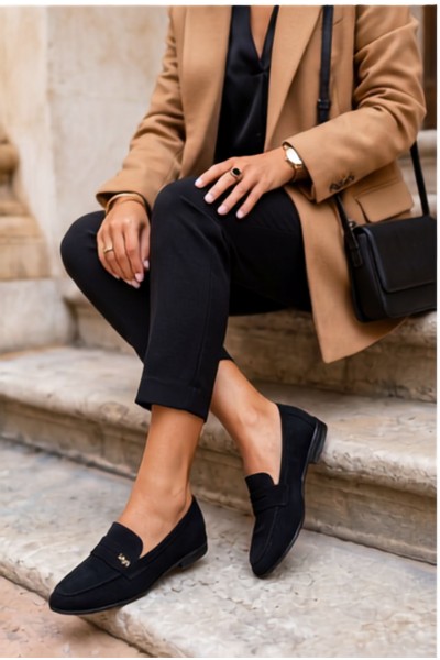 Women's Suede Imitation Loafers Black Prestelle