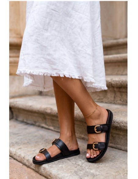 Women's Slides With Straps And Gold Buckles Black Coralisse