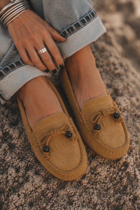 Women's Flat Loafers With Bow And Fringes Faux Suede Camel Bluebell