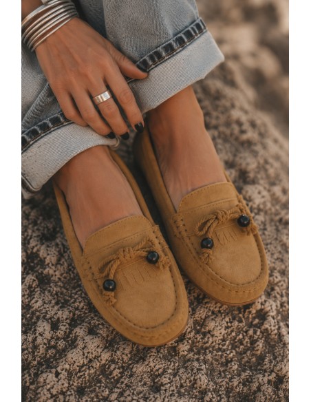 Women's Flat Loafers With Bow And Fringes Faux Suede Camel Bluebell