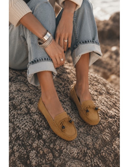 Women's Flat Loafers With Bow And Fringes Faux Suede Camel Bluebell