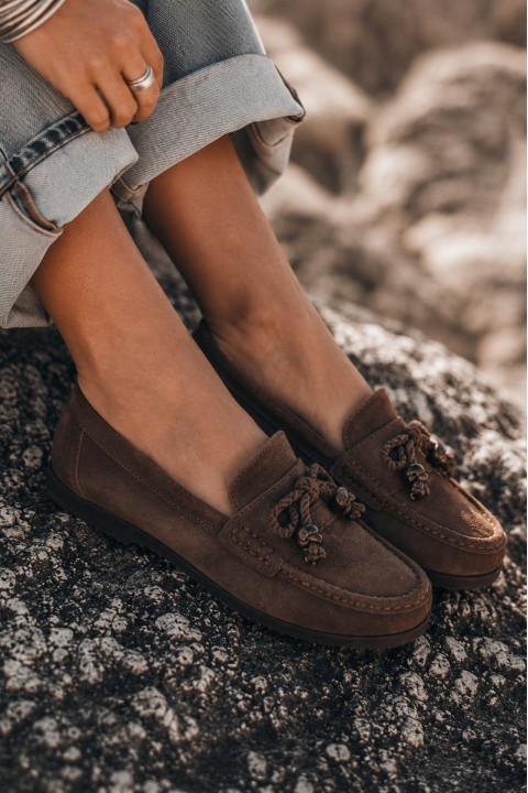 Women's Flat Brown Moccasins With Bow And Fringes Bluebell