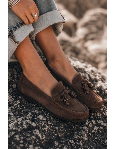 Women's Flat Brown Moccasins With Bow And Fringes Bluebell