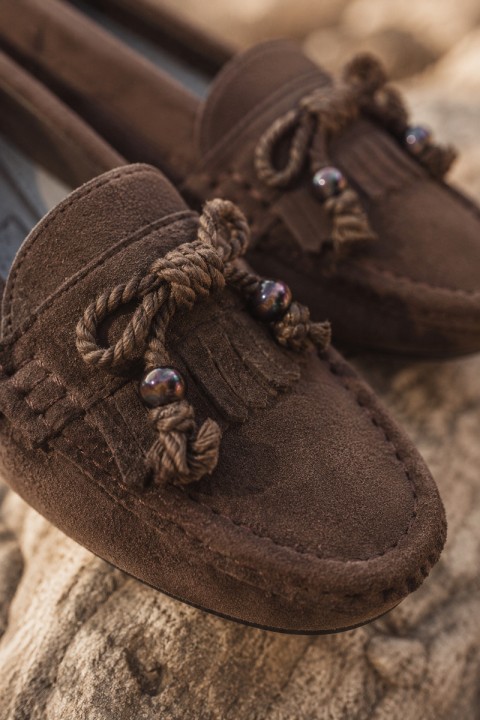 Women's Flat Brown Moccasins With Bow And Fringes Bluebell