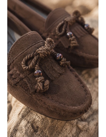 Women's Flat Brown Moccasins With Bow And Fringes Bluebell