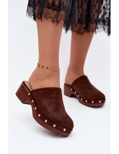 Women's Clogs Imitation Suede Gold Buckles Chocolate Cherryelle