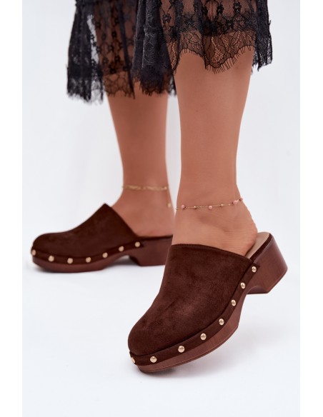 Women's Clogs Imitation Suede Gold Buckles Chocolate Cherryelle