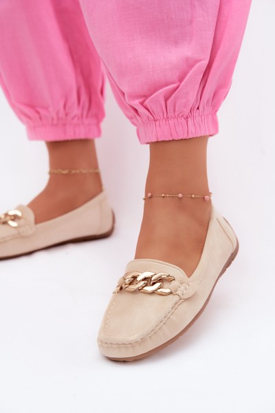 Women's Loafers With Gold Chain Faux Suede Beige Amaretto