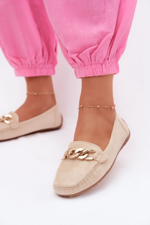 Women's Loafers With Gold Chain Faux Suede Beige Amaretto