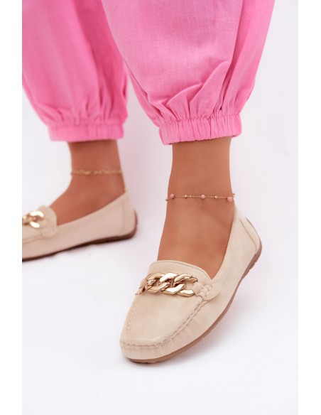 Women's Loafers With Gold Chain Faux Suede Beige Amaretto