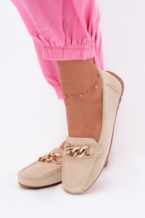 Women's Loafers With Gold Chain Faux Suede Beige Amaretto