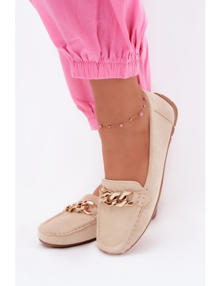 Women's Loafers With Gold Chain Faux Suede Beige Amaretto