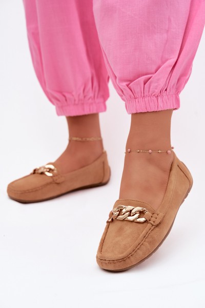 Women's Loafers With Gold Chain Faux Suede Camel Amaretto