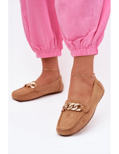 Women's Loafers With Gold Chain Faux Suede Camel Amaretto