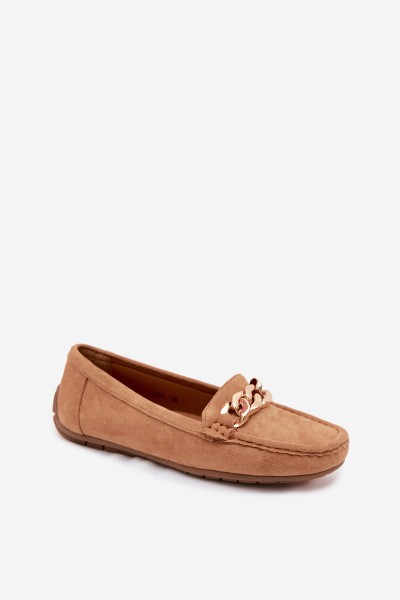 Women's Loafers With Gold Chain Faux Suede Camel Amaretto 2