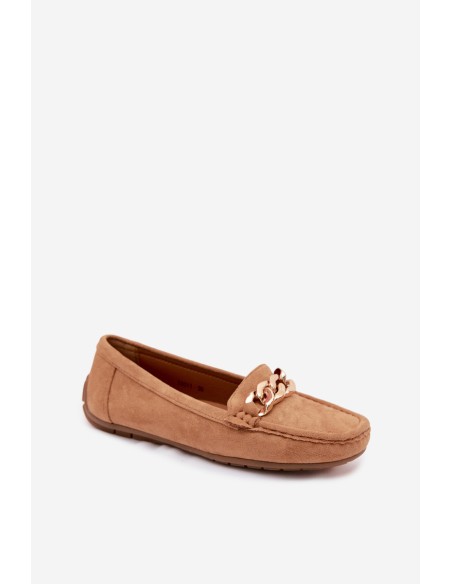 Women's Loafers With Gold Chain Faux Suede Camel Amaretto