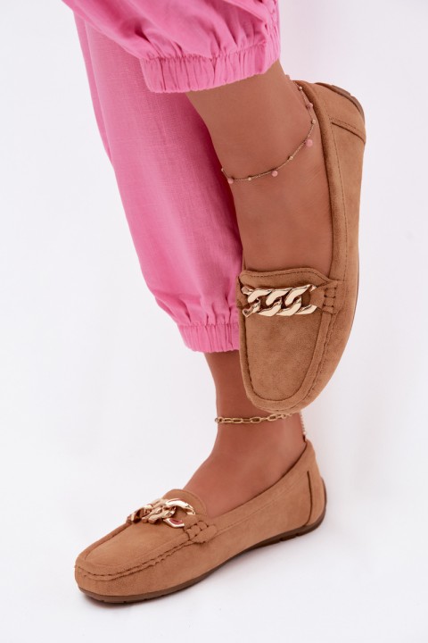 Women's Loafers With Gold Chain Faux Suede Camel Amaretto