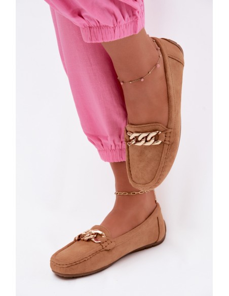 Women's Loafers With Gold Chain Faux Suede Camel Amaretto
