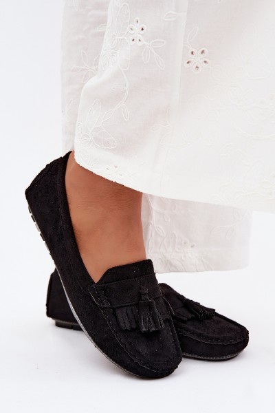 Women's Loafers With Fringes Faux Suede Black Linden
