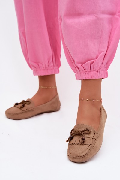 Women's Flat Loafers With Bow And Fringes Faux Suede Dark Beige Bluebell
