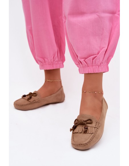Women's Flat Loafers With Bow And Fringes Faux Suede Dark Beige Bluebell