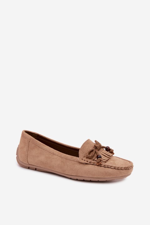 Women's Flat Loafers With Bow And Fringes Faux Suede Dark Beige Bluebell
