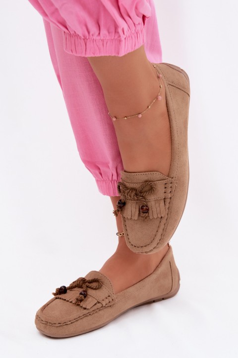 Women's Flat Loafers With Bow And Fringes Faux Suede Dark Beige Bluebell