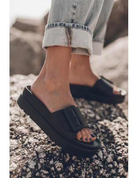 Women's Foam Platform Slides With Buckle Black Caramel