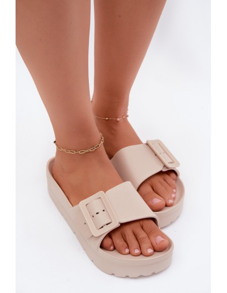 Women's Foam Platform Slides With Buckle Beige Caramel