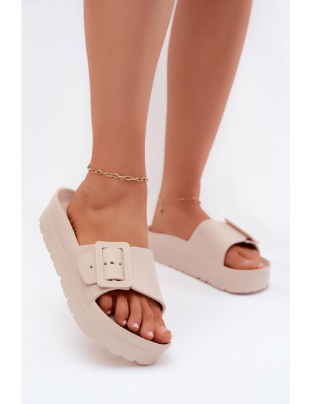 Women's Foam Platform Slides With Buckle Beige Caramel