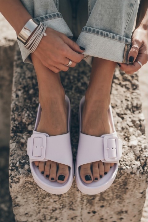 Women's Foam Platform Slides With Buckle White Caramel
