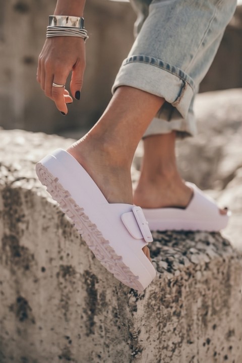 Women's Foam Platform Slides With Buckle White Caramel