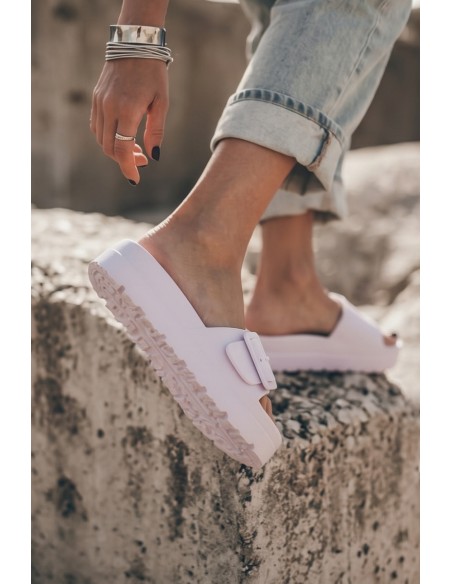 Women's Foam Platform Slides With Buckle White Caramel