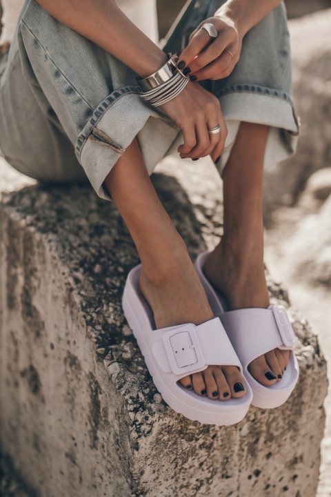 Women's Foam Platform Slides With Buckle White Caramel
