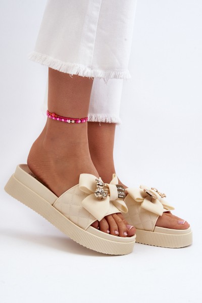 Women's Beige Slippers with Bow and Bear Katterina 2